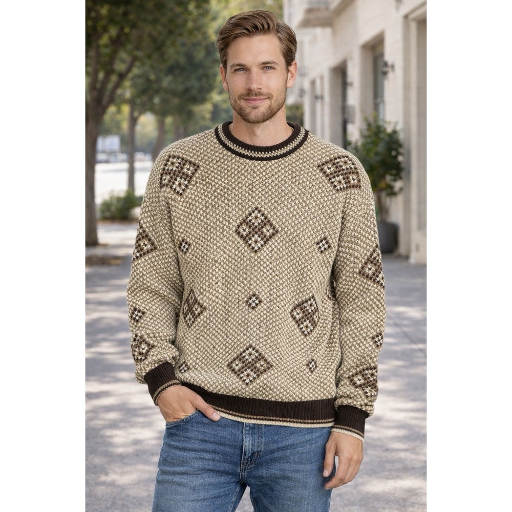 Vintage Claiborne Sweater Men Medium Pullover Brown and Ivory Geometric Pullover